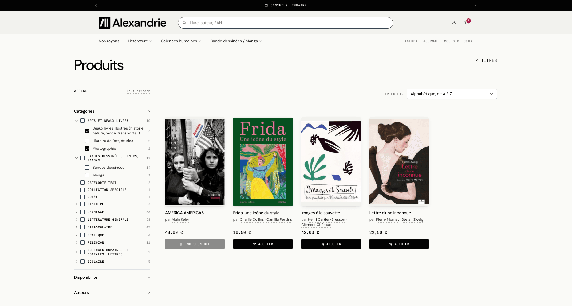 Les rayons d'Alexandrie deviennent les filtres du site Shopify : catégories et sous-catégories, disponibilité, auteurs.